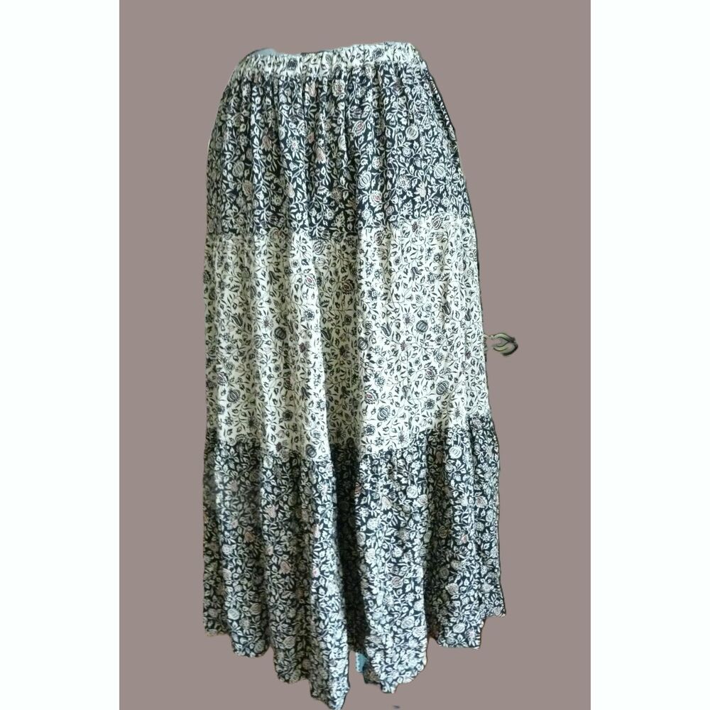 Custom Made Rayon Crepe Mixed Print Tier Prairie Peasant Skirt CottageCore M-L